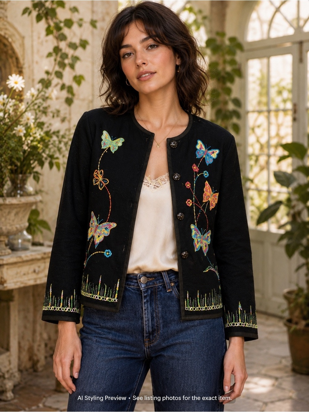 Vintage Allure Butterfly Embroidered Black Jacket Women’s M/L Fairycore